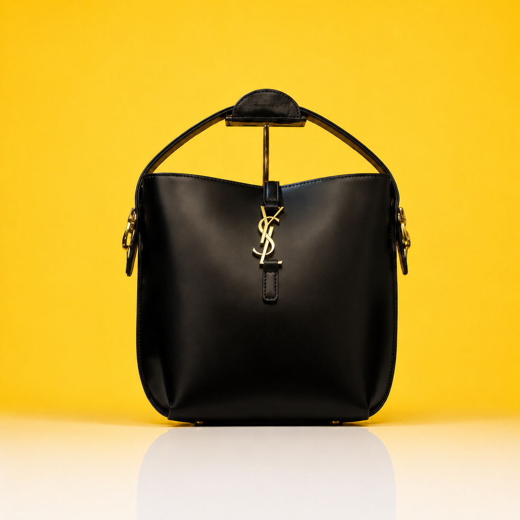 Black bucket bag with double box and dust bag