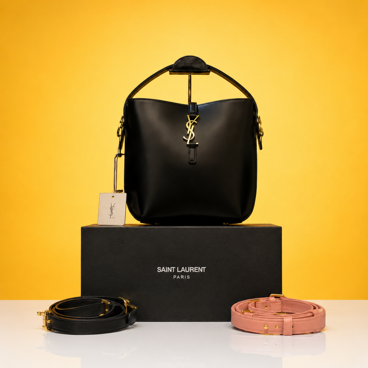 Black bucket bag with double box and dust bag