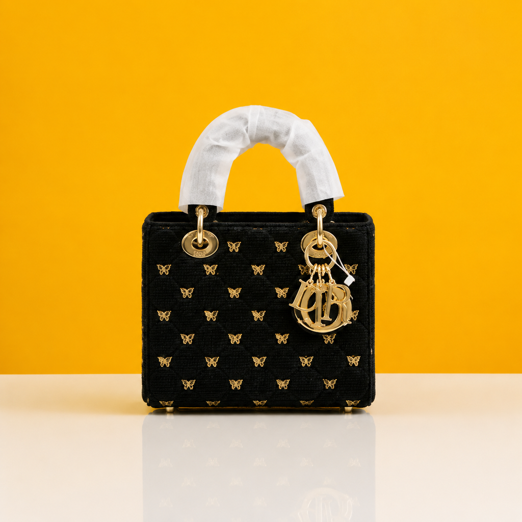 Lambskin cannage butterfly studs black lady bag with doublebox