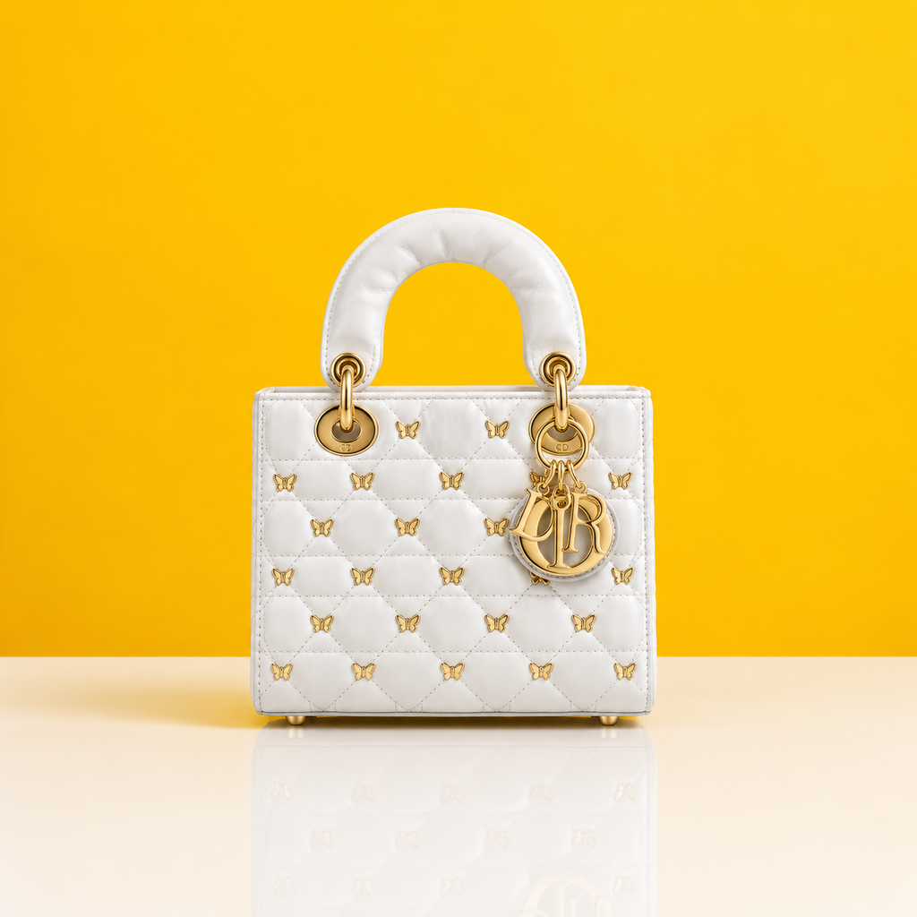 Lambskin cannage butterfly studs white lady bag with doublebox